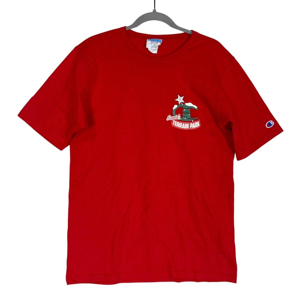 Champion Shirt Mens Medium Red Santa Terrain Park Christmas Tee Back Print